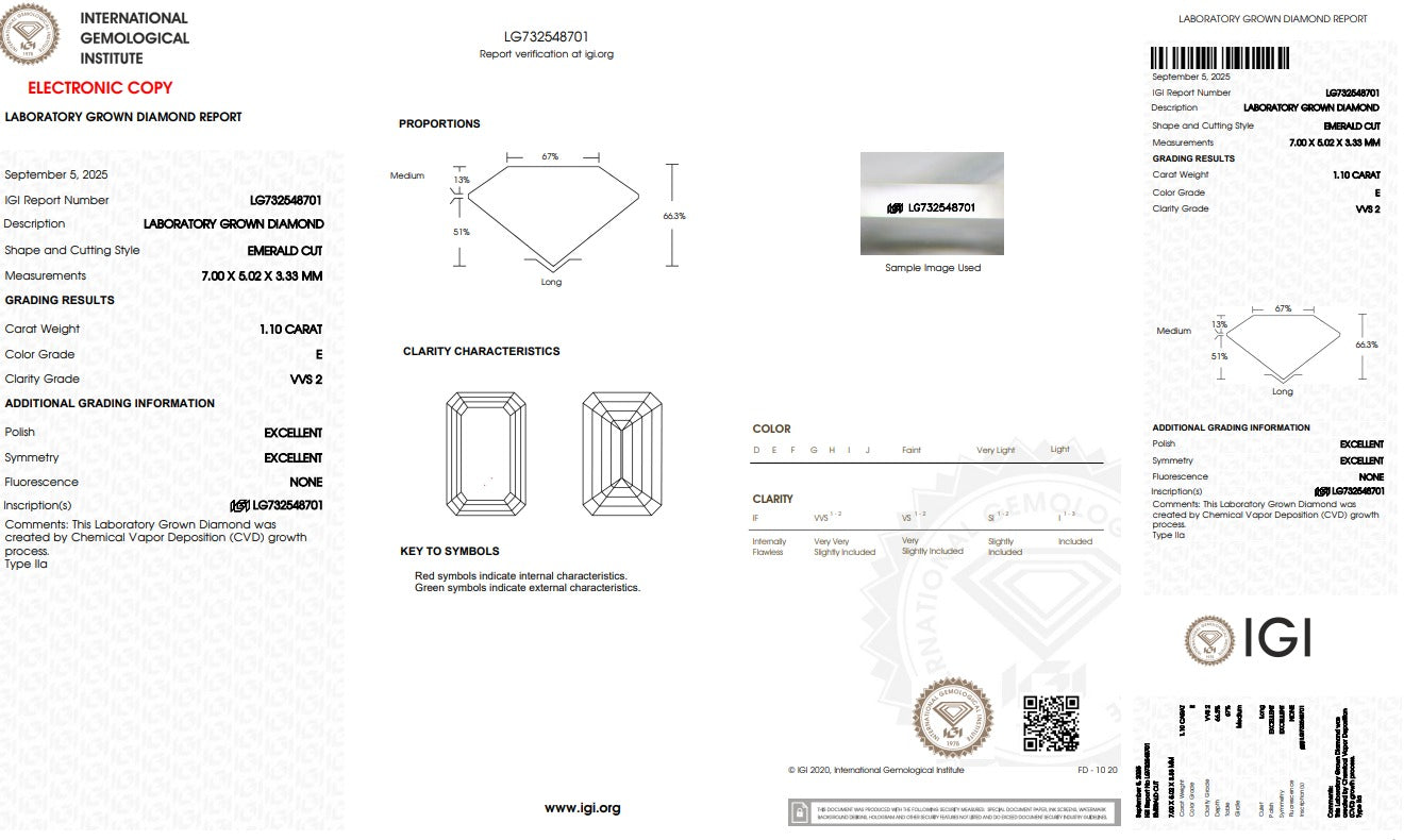 IGI Certified Emerald Cut CVD Lab Grown 1ct E VVS2 Loose Diamond