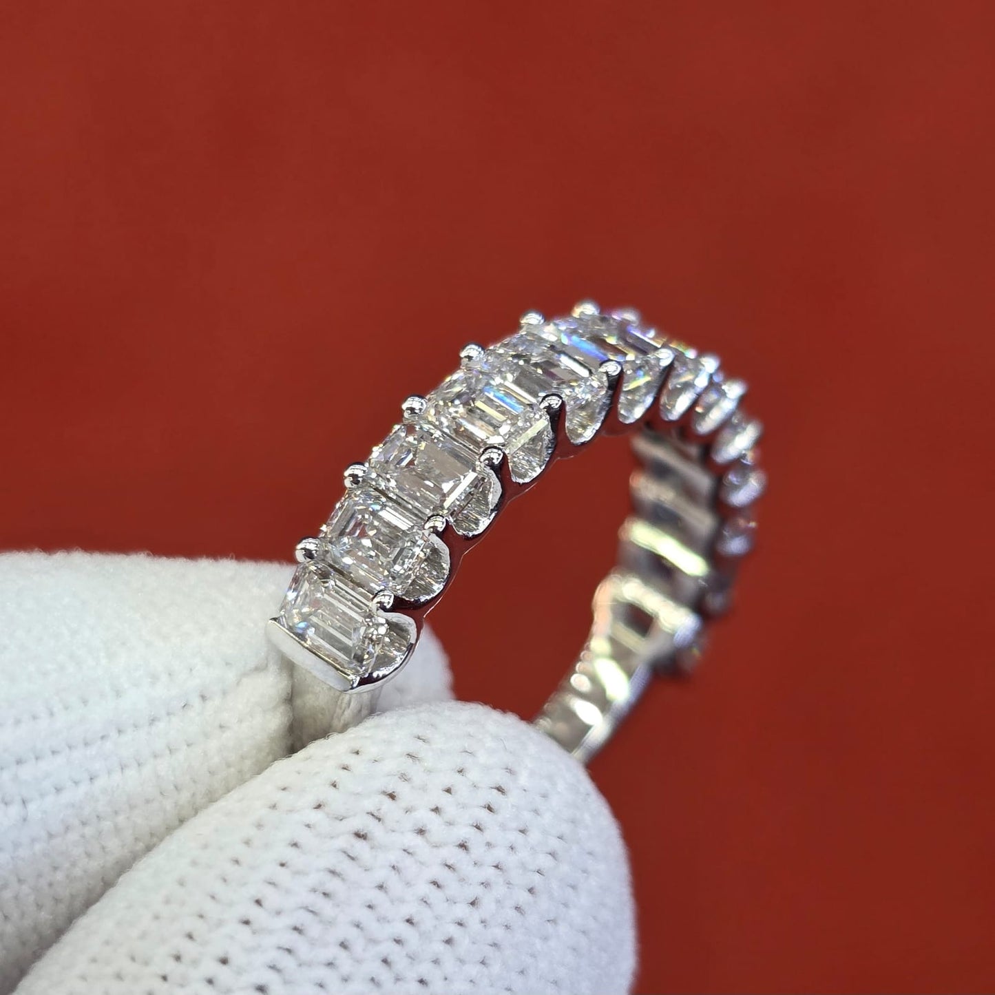 Emerald Lab Grown Diamond Ring 14K White Gold Women, DEF VVS CVD Diamond Eternity